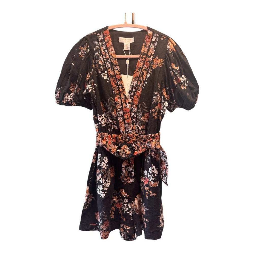 Caroline Constas Black Floral Puff Sleeves Beaded Belt Short Romper
